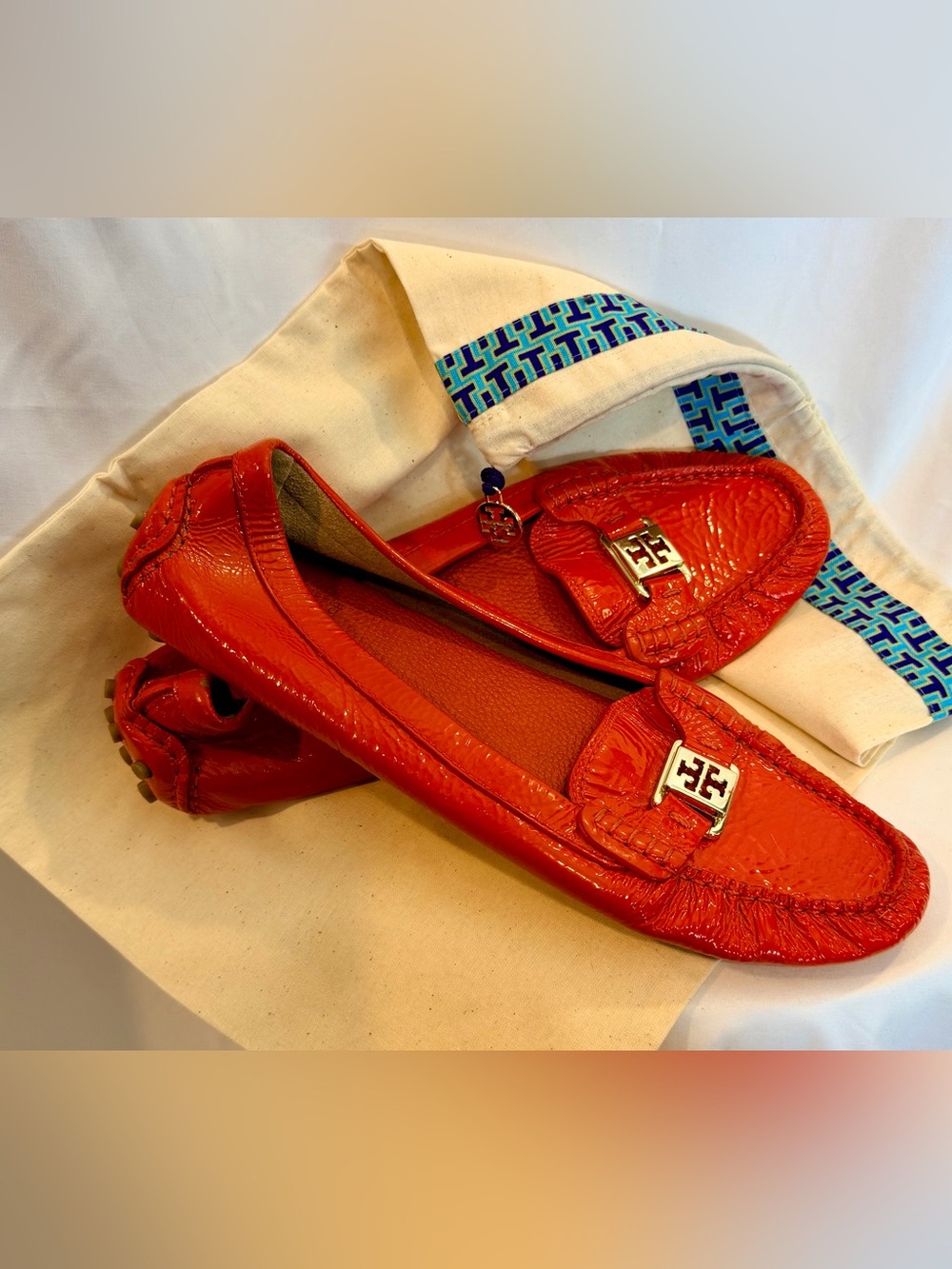 Tory Burch Orange Red Patent Leather Logo Loafers, Size 11, w/ TB Dust Cover